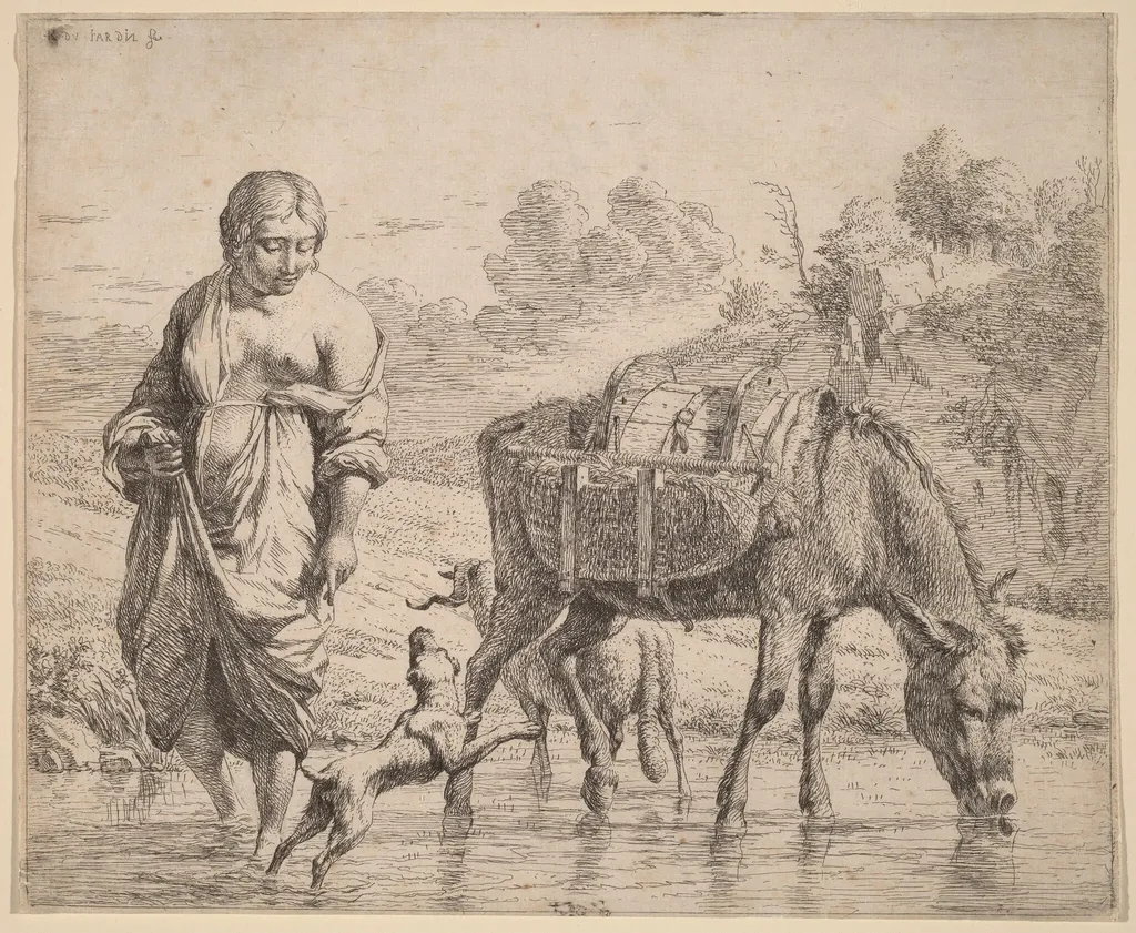Woman Crossing a Stream, by Karel Dujardin, ink, 1662