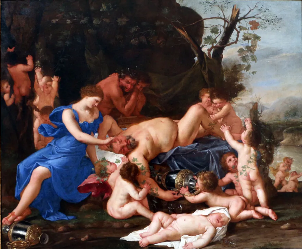 The drunken Silenus tied up in his sleep by the nymph Aegle and putti, by Karel Philips Spierincks, oil, 1630