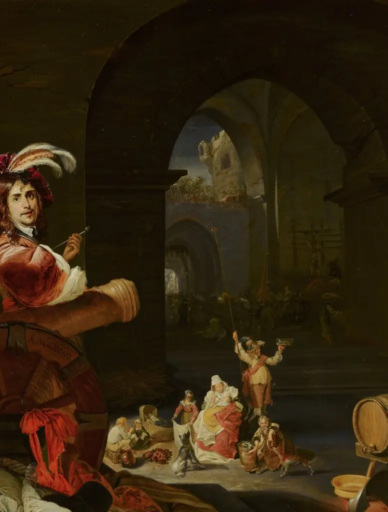 Soldiers and Other Figures among the Ruins of a Castle, with a Self-Portrait of the Artist in the Foreground, by Karel Slabbaert