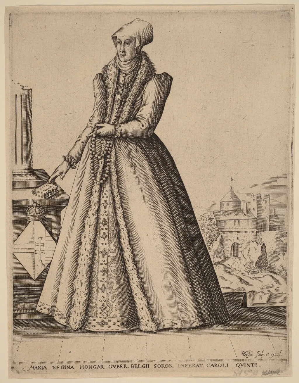 Mary, Queen of Hungary, by Karel van Sichem, ink, 1590