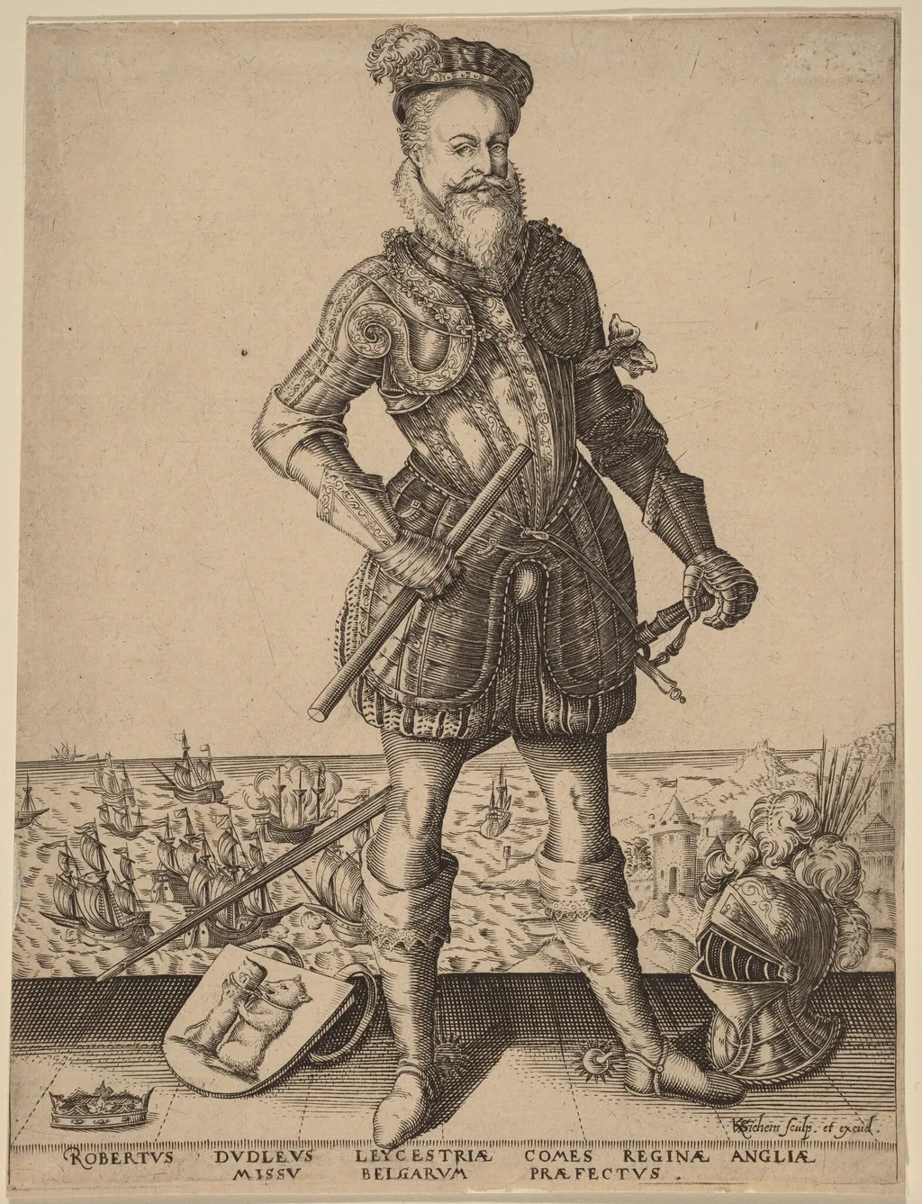 Robert Dudley, Earl of Leicester, by Karel van Sichem, ink, 1590