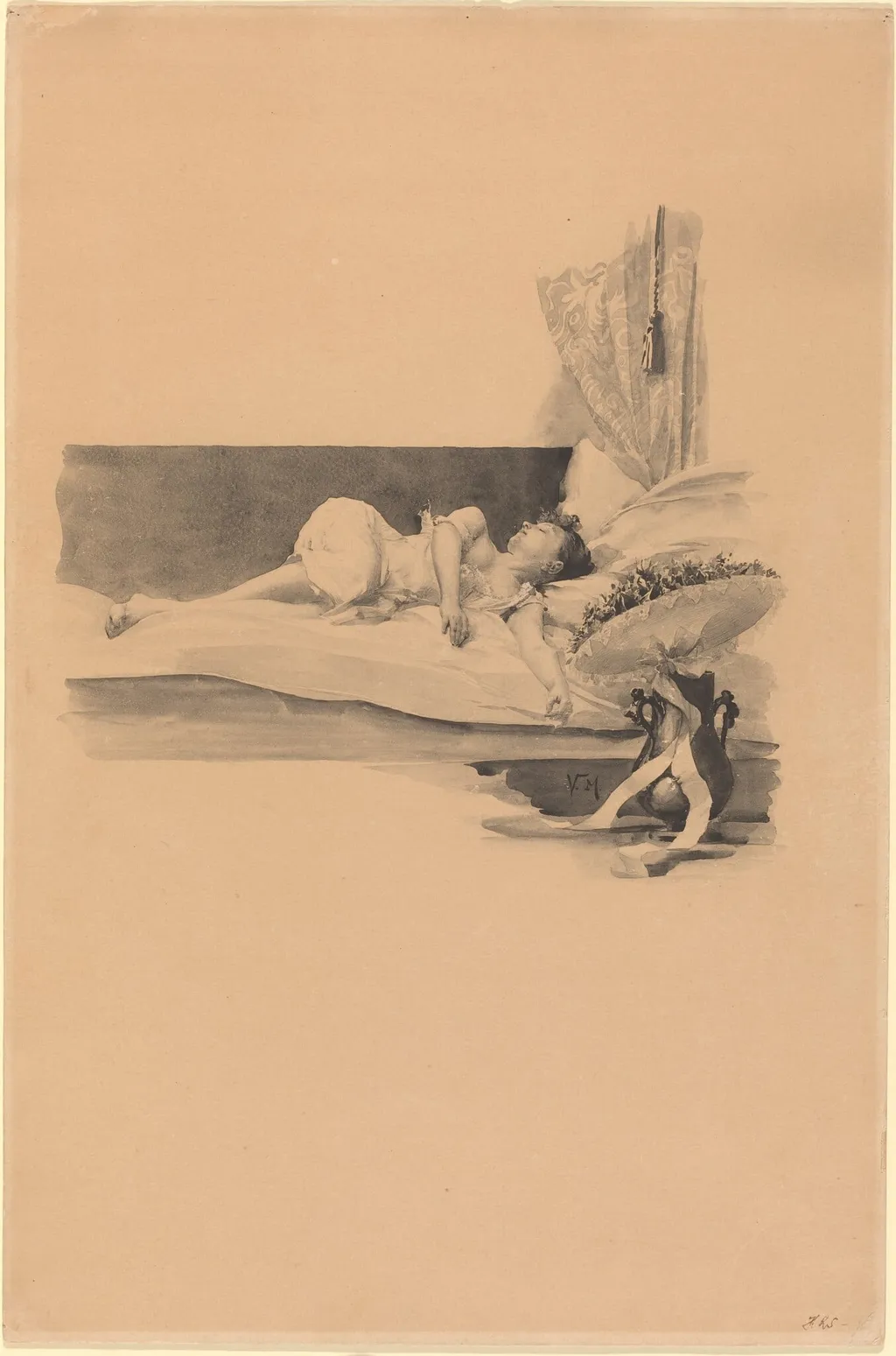 Illustration for "Jestrab Kontra Hrdlicka, XXII" (Girl asleep on a bed), by Karel Vitezslav Masek, ink, 1890