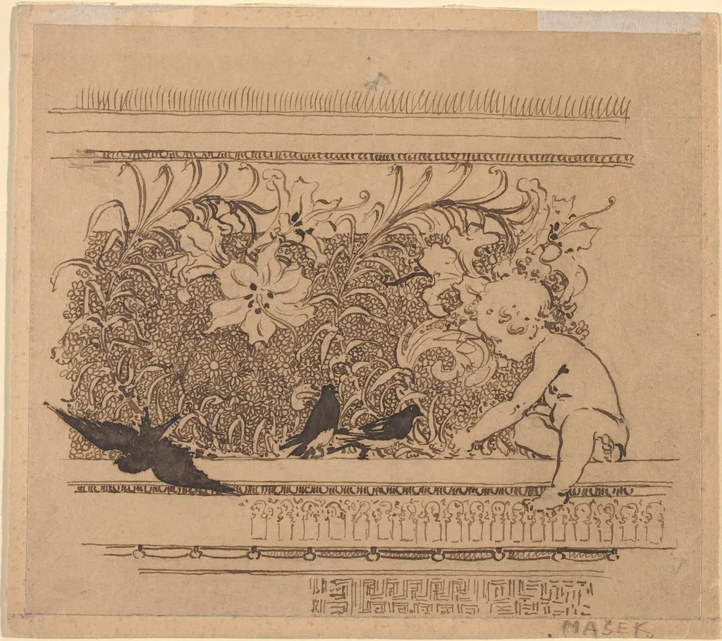 Ornamental Design with Birds and Lily, by Karel Vitezslav Masek, ink, 1900
