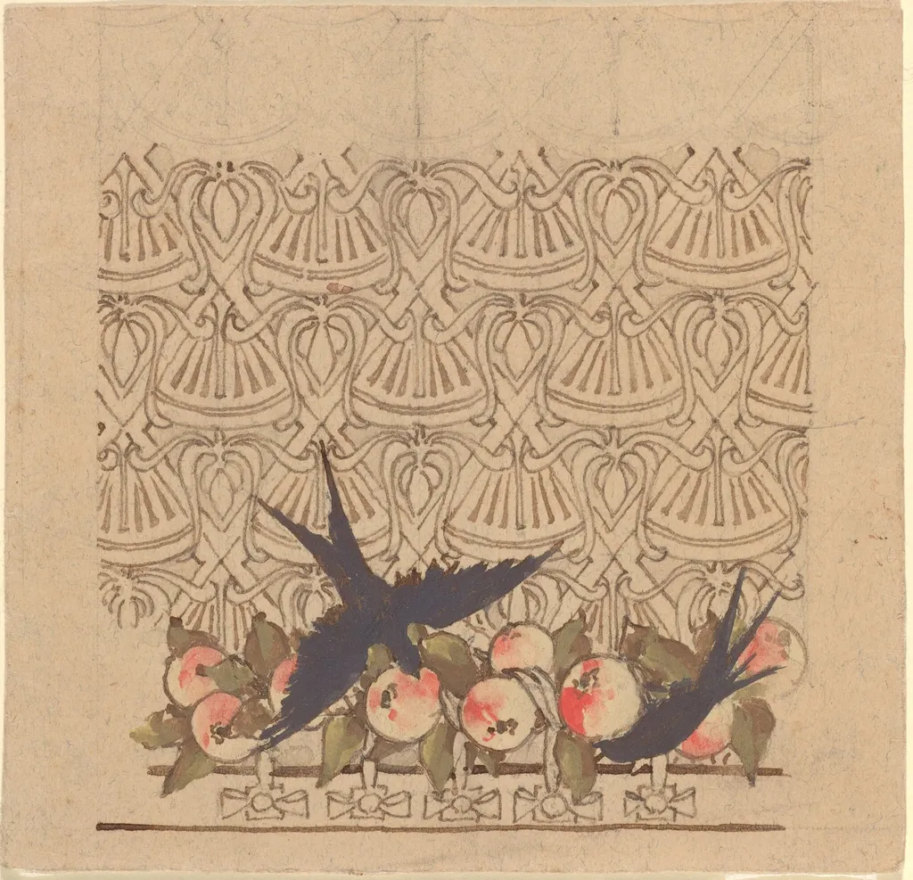 Ornamental design with two birds pecking at fruit, by Karel Vitezslav Masek, ink, 1894