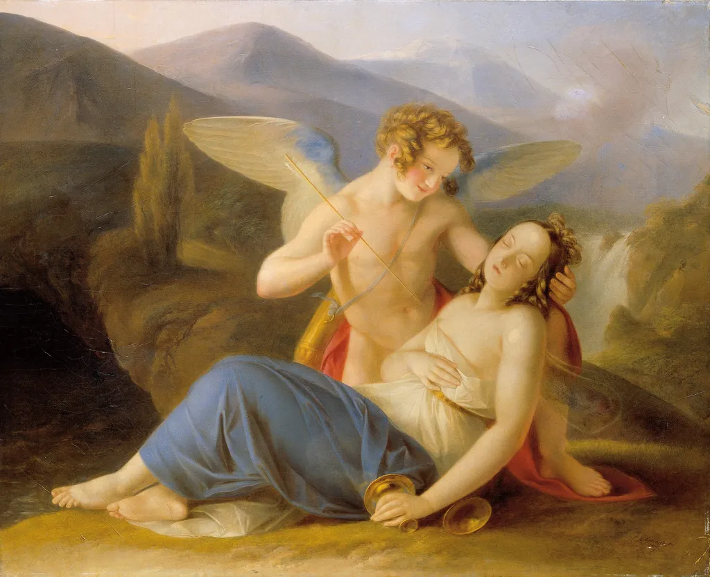 Psyche is awakened from fainting by Cupid's arrow, by Karl Agricola, oil, 1837