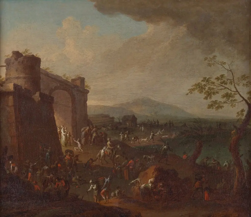 Jahrmarkt vor einem Stadttor, by Karl Aigen