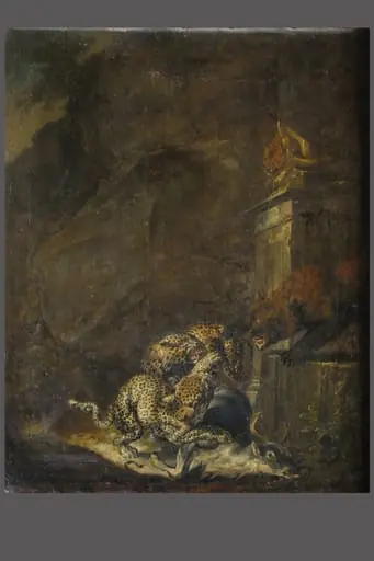 Doi leoparzi în luptă cu un urs pentru un cerb, by Karl Bartholomaeus Andreas Ruthart