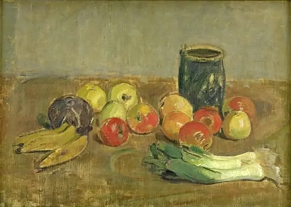 Still Life. Apples, Leeks, Bananas and Green Jar, by Karl Isakson