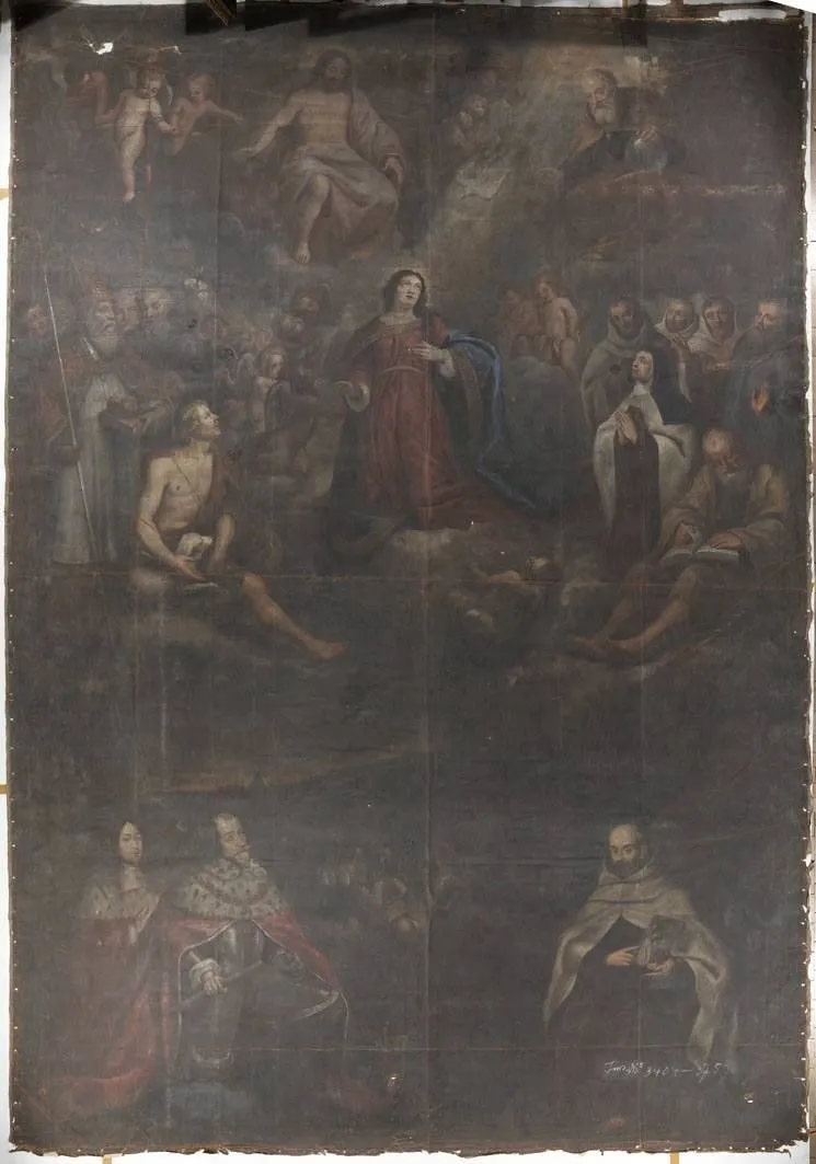 Kurfürst Maximilian I. von Bayern empfiehlt sich vor der Schlacht am Weißen Berg dem Schutz der Gottesmutter, der Heiligen Dreifaltigkeit und allen He, by Karl Nikolaus Pfleger, oil, 1656