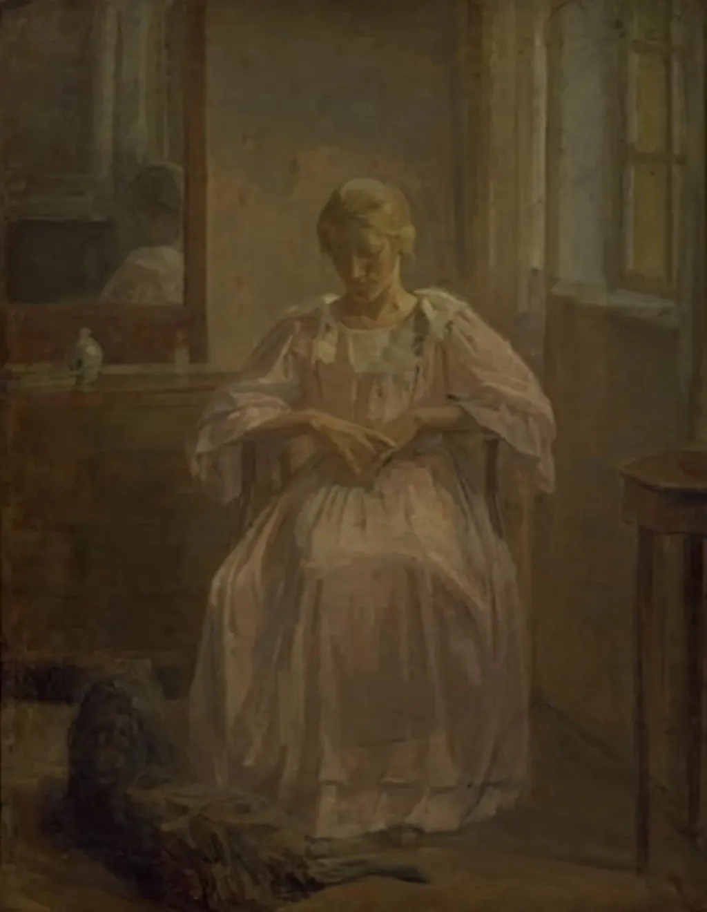 En ung pige, Sophie Lofthus, med en hund, by Karl Schou, oil, 1908
