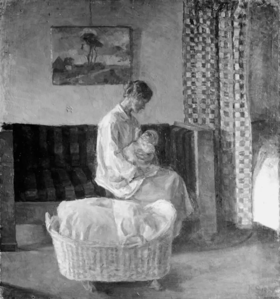 Marie Schou, f. Hansen, kunstnerens første hustru med sit barn, by Karl Schou