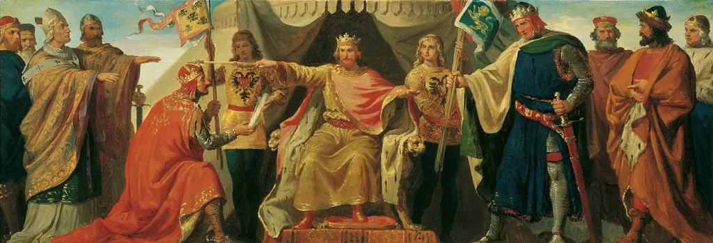 Friedrich Barbarossa enfeoffs Heinrich Jasomirgott and Heinrich the lion, by Karl von Blaas, oil, 1860