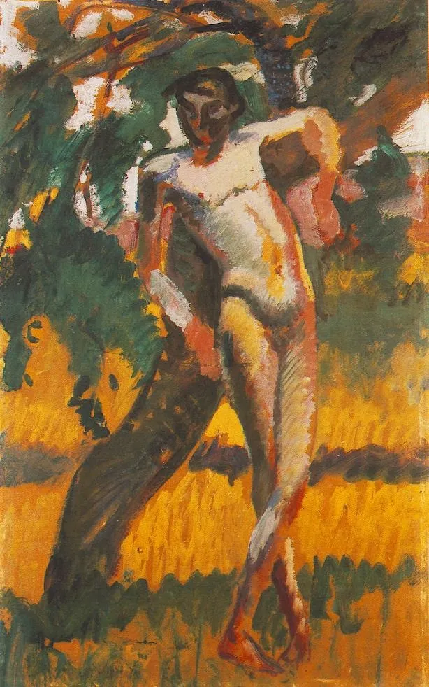 Nude Boy Leaning against a Tree, by Károly Kernstok, oil, 1909