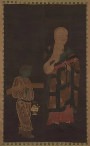 伝春日基光筆　玄奘三蔵像|Portrait of Xuanzang (Genjō) with Attendant