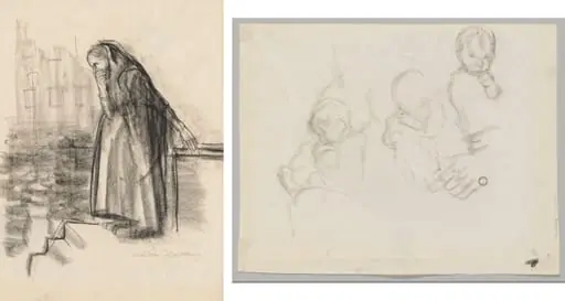 Pregnant Woman Contemplating Suicide (recto) Three Studies of a Child (verso), by Käthe Kollwitz
