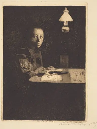 Self-Portrait at the Table (Selbstbildnis am Tisch), by Käthe Kollwitz