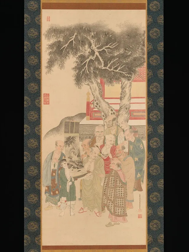 加藤信清筆　羅漢図|Ten Rakan Examining a Painting of White-Robed Kannon