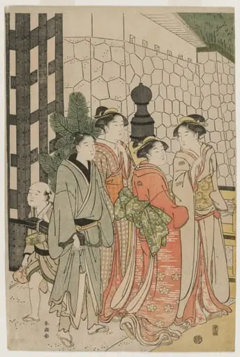 Young Man and Women on Tokiwa Bridge, by Katsukawa Shunchō