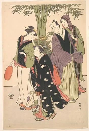 勝川春好画　三代目瀬川菊之丞・二代目市川門之助|Kabuki Actors Segawa Kikunojō III and Ichikawa Monnosuke II and Two Courtesans Celebrating the New Year