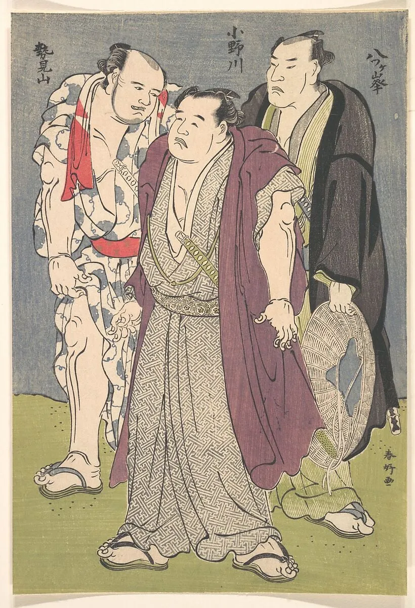 勝川春好画 大相撲力士「小野川・勢見山・八ヶ峯」|Three Sumō Wrestlers: Onogawa, Seimiyama, and Yatsugamine, by Katsukawa Shunkō, ink, 1794