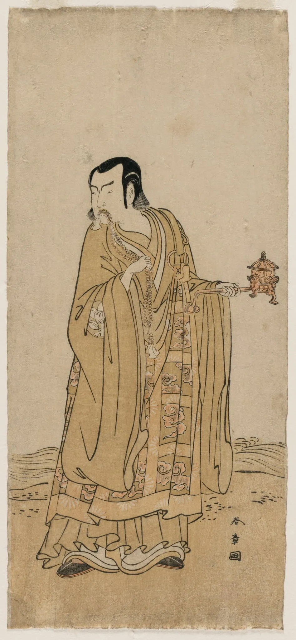 Ichimura Uzaemon IX as Shingen in “A String of Prayer Beads Shaken at a Ribbon of Waterfall”, by Katsukawa Shunshō, 1775