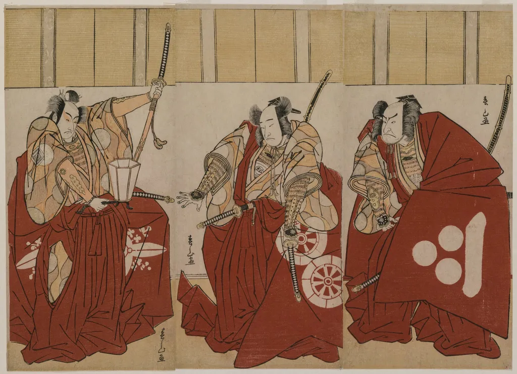Ichikawa Monnosuke II as Urabe Suetake, Onoe Matsusuke I as Usui Sadamitsu, and Nakamura Nakazo I as Watanabe no Tsuna in “The Four Heavenly Kings Costumed as the Night Watch”, by Katsukawa Shunzan, 1781