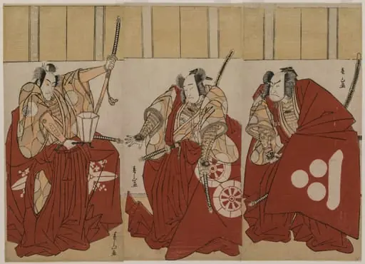 Ichikawa Monnosuke II as Urabe Suetake, Onoe Matsusuke I as Usui Sadamitsu, and Nakamura Nakazo I as Watanabe no Tsuna in “The Four Heavenly Kings Costumed as the Night Watch”, by Katsukawa Shunzan