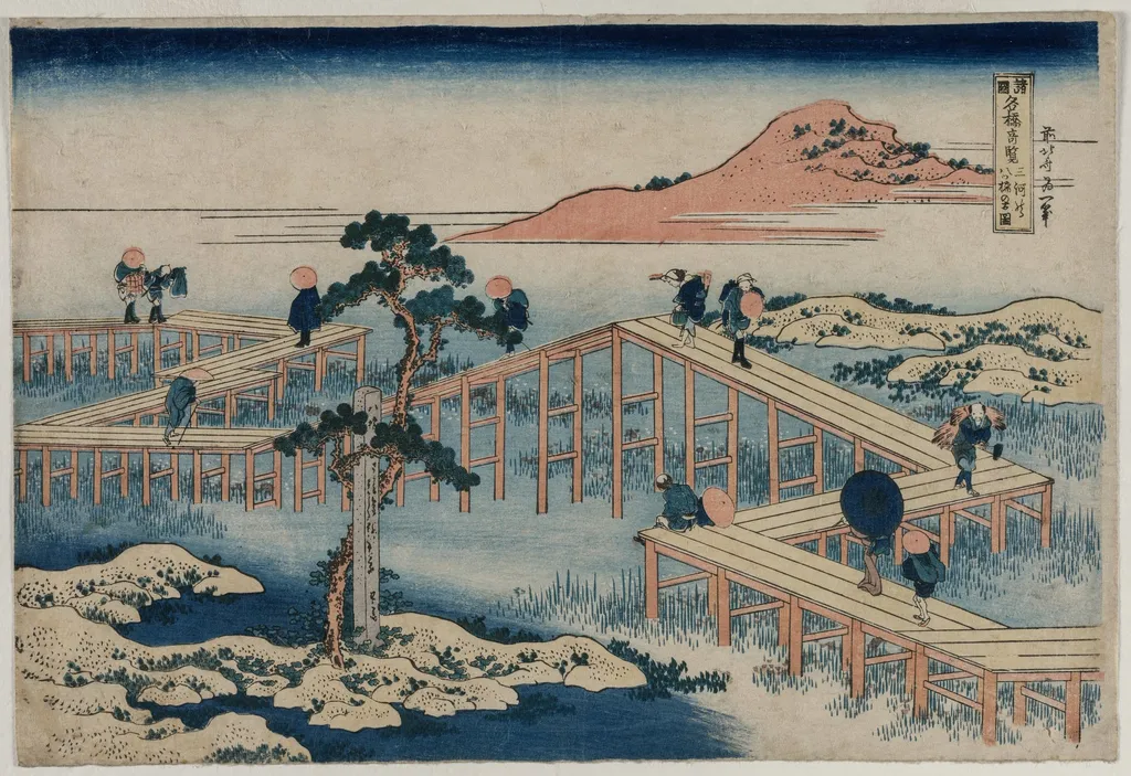 An Ancient Picture of the Eight Part Bridge in Mikawa Province (from the series Curious Views of Famous Bridges in the Provinces), by Katsushika Hokusai, 1834