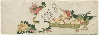 Basket with Fan, Chrysanthemums, and Mushrooms