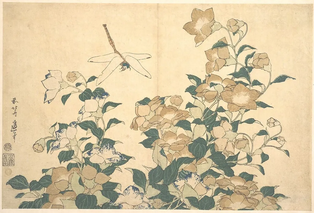 葛飾北斎画 桔梗に蜻蛉|Dragonfly and Bellflower, by Katsushika Hokusai, ink, 1824