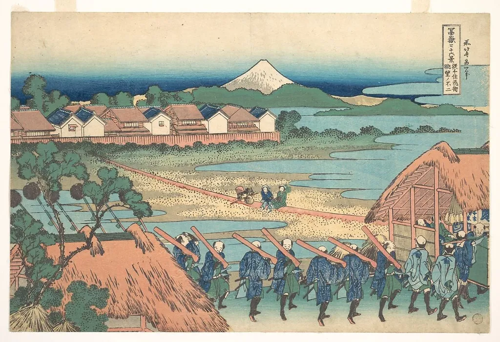冨嶽三十六景 従千住花街眺望の不二|Fuji Seen in the Distance from Senju Pleasure Quarter (Senju kagai yori chōbō no Fuji), from the series Thirty-six Views of Mount Fuji (Fugaku sanjūrokkei), by Katsushika Hokusai, ink, 1831