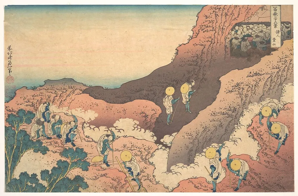 冨嶽三十六景 諸人登山|Groups of Mountain Climbers (Shojin tozan), from the series Thirty-six Views of Mount Fuji (Fugaku sanjūrokkei), by Katsushika Hokusai, ink, 1831