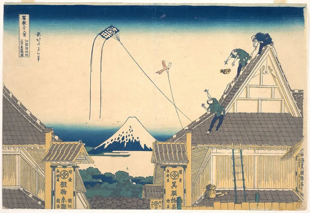 冨嶽三十六景 江都駿河町三井見世略図|Mitsui Shop at Surugachō in Edo (Edo Surugachō Mitsui mise ryaku zu), from the series Thirty-six Views of Mount Fuji (Fugaku sanjūrokkei), by Katsushika Hokusai, ink, 1831