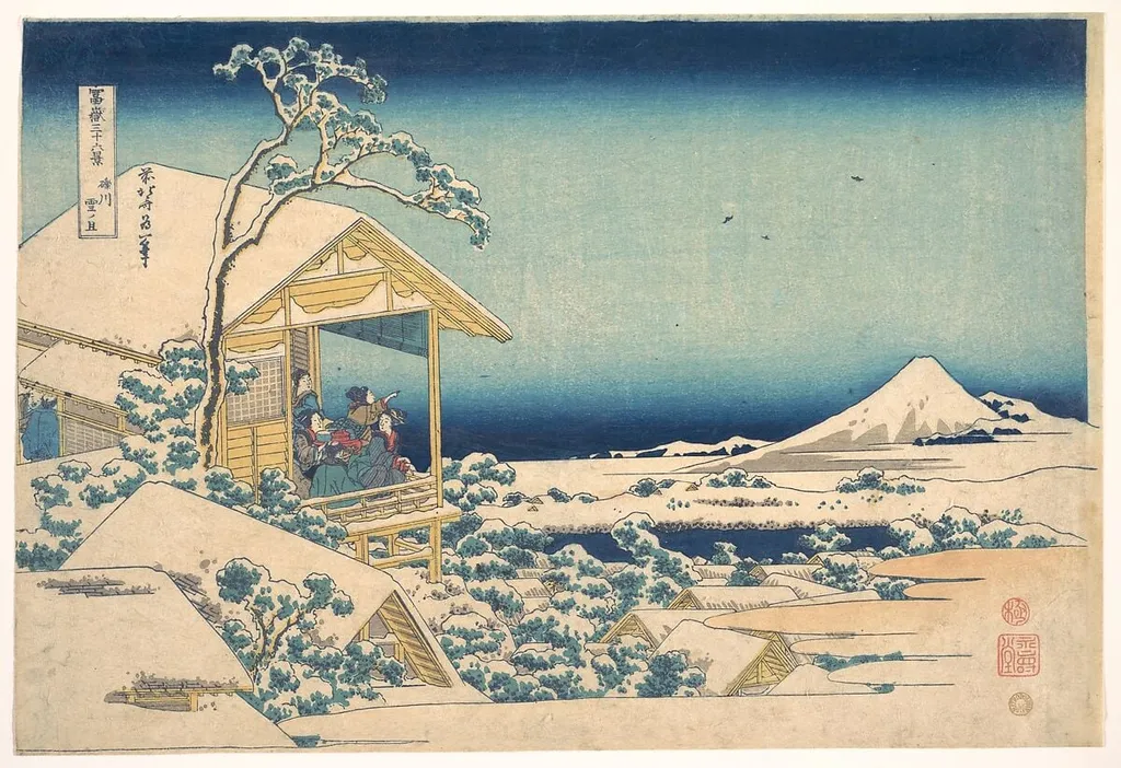 冨嶽三十六景 礫川雪の旦|Morning after the Snow at Koishikawa in Edo (Koishikawa yuki no ashita), from the series Thirty-six Views of Mount Fuji (Fugaku sanjūrokkei), by Katsushika Hokusai, ink, 1831