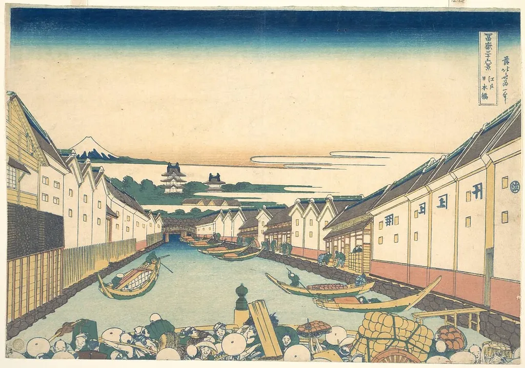 冨嶽三十六景 江戸日本橋|Nihonbashi in Edo (Edo Nihonbashi), from the series Thirty-six Views of Mount Fuji (Fugaku sanjūrokkei), by Katsushika Hokusai, ink, 1831