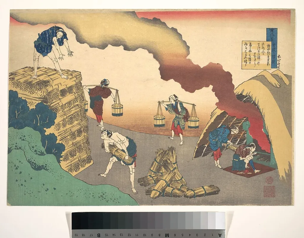 百人一首 宇波か縁説 権中納言定家|Poem by Gon-Chūnagon Sadaie, from the series One Hundred Poems Explained by the Nurse (Hyakunin isshu uba ga etoki), by Katsushika Hokusai, ink, 1804