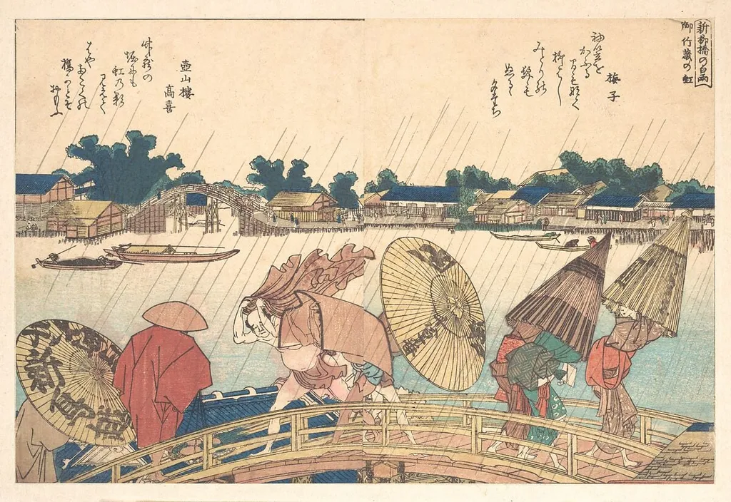 新柳橋の白雨|Shower at the New Yanagi Bridge, by Katsushika Hokusai, ink, 1806