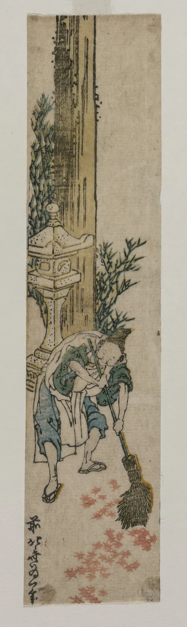 Shrine Attendant Raking Maple Leaves, by Katsushika Hokusai, 1834