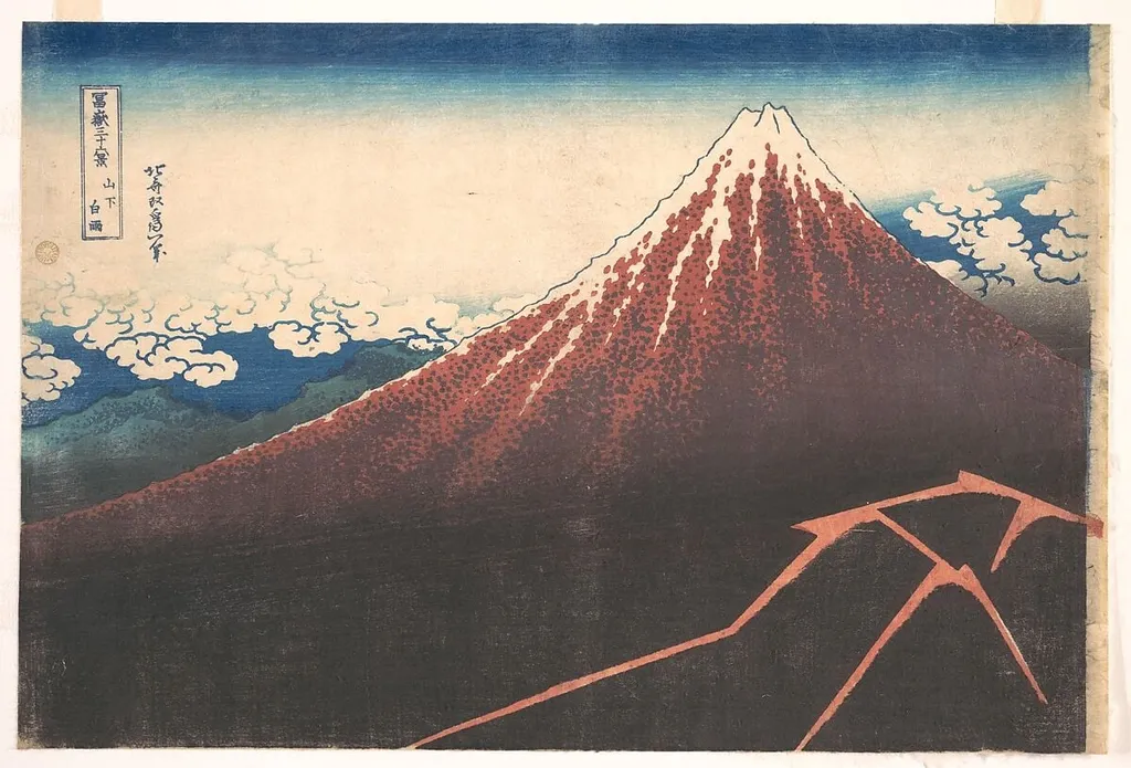 冨嶽三十六景 山下白雨|Storm below Mount Fuji (Sanka no haku u), from the series Thirty-six Views of Mount Fuji (Fugaku sanjūrokkei), by Katsushika Hokusai, ink, 1831