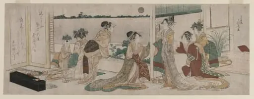 Tsukasa and Other Courtesans of the Ogiya Watching the Autumn Moon Rise Over Rice Fields from a Balcony in the Yoshiwara, by Katsushika Hokusai