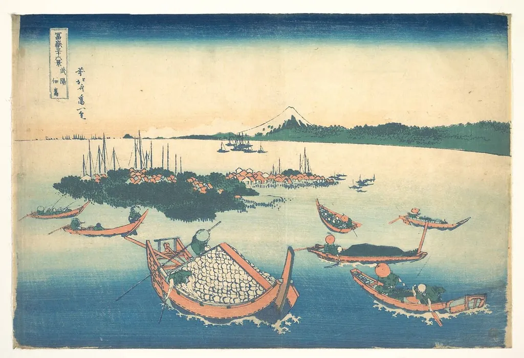 冨嶽三十六景 武陽佃島|Tsukudajima in Musashi Province (Buyō Tsukudajima), from the series Thirty-six Views of Mount Fuji (Fugaku sanjūrokkei), by Katsushika Hokusai, ink, 1831