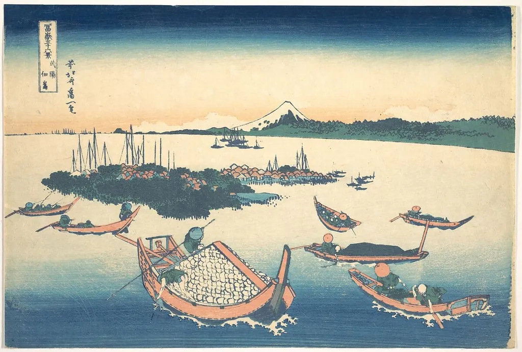 冨嶽三十六景 武陽佃島|Tsukudajima in Musashi Province (Buyō Tsukudajima), from the series Thirty-six Views of Mount Fuji (Fugaku sanjūrokkei), by Katsushika Hokusai, ink, 1831