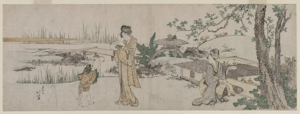 Two Women and a Child Beside a Goldfish Tank, by Katsushika Hokusai, 1800