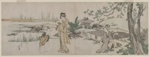 Two Women and a Child Beside a Goldfish Tank, by Katsushika Hokusai