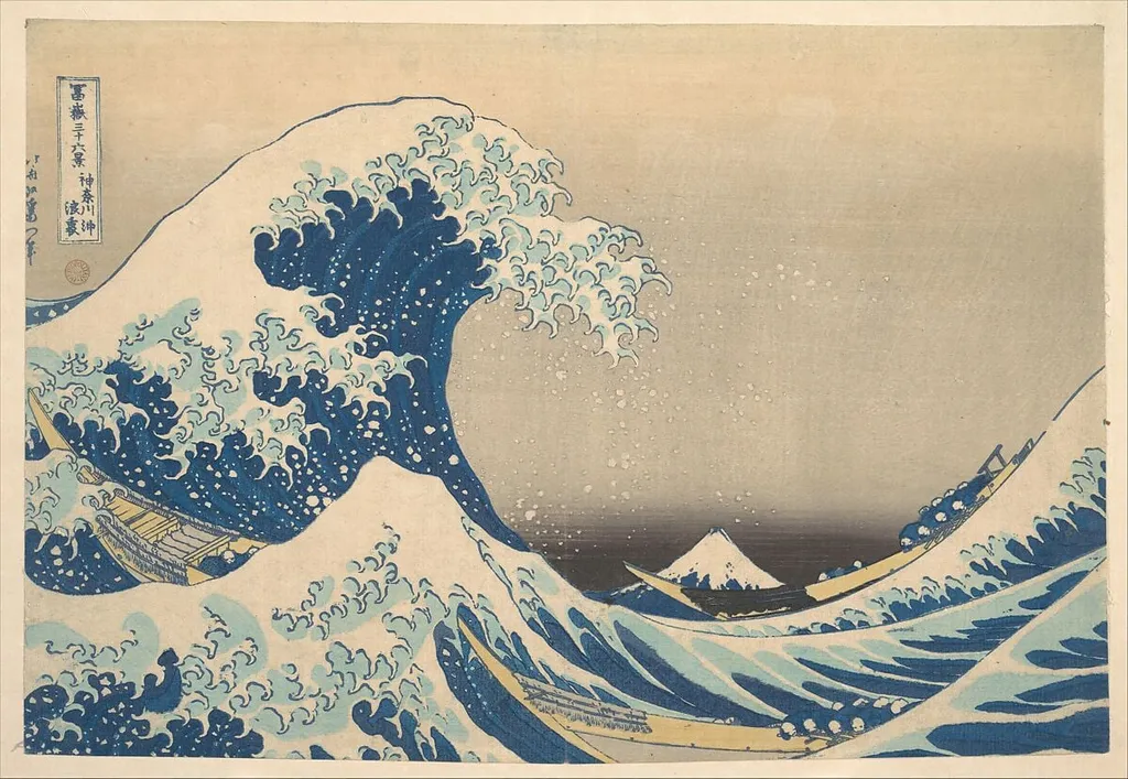 冨嶽三十六景 神奈川沖浪裏|Under the Wave off Kanagawa (Kanagawa oki nami ura), also known as The Great Wave, from the series Thirty-six Views of Mount Fuji (Fugaku sanjūrokkei), by Katsushika Hokusai, ink, 1831