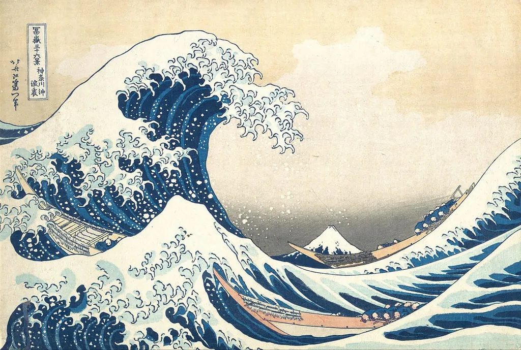 「富嶽三十六景 神奈川沖浪裏」|Under the Wave off Kanagawa (Kanagawa oki nami ura), also known as The Great Wave, from the series Thirty-six Views of Mount Fuji (Fugaku sanjūrokkei), by Katsushika Hokusai, ink, 1831