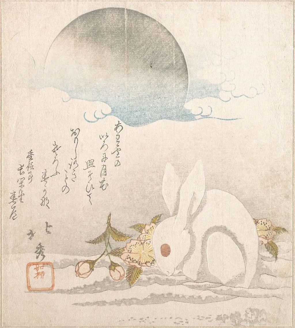 葛飾北秀画 月下の兎|Rabbit in the Snow beneath the Moon 月下の兎, by Katsushika Hokushū 葛飾北秀, ink, 1819