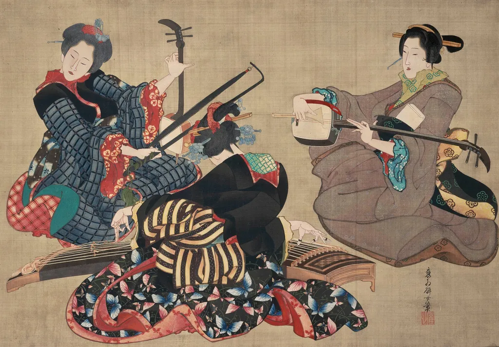 Three Women Playing Musical Instruments, by Katsushika Ōi, unspecified, 1800