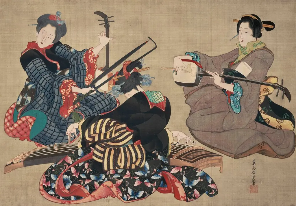 Three Women Playing Musical Instruments, by Katsushika Ōi