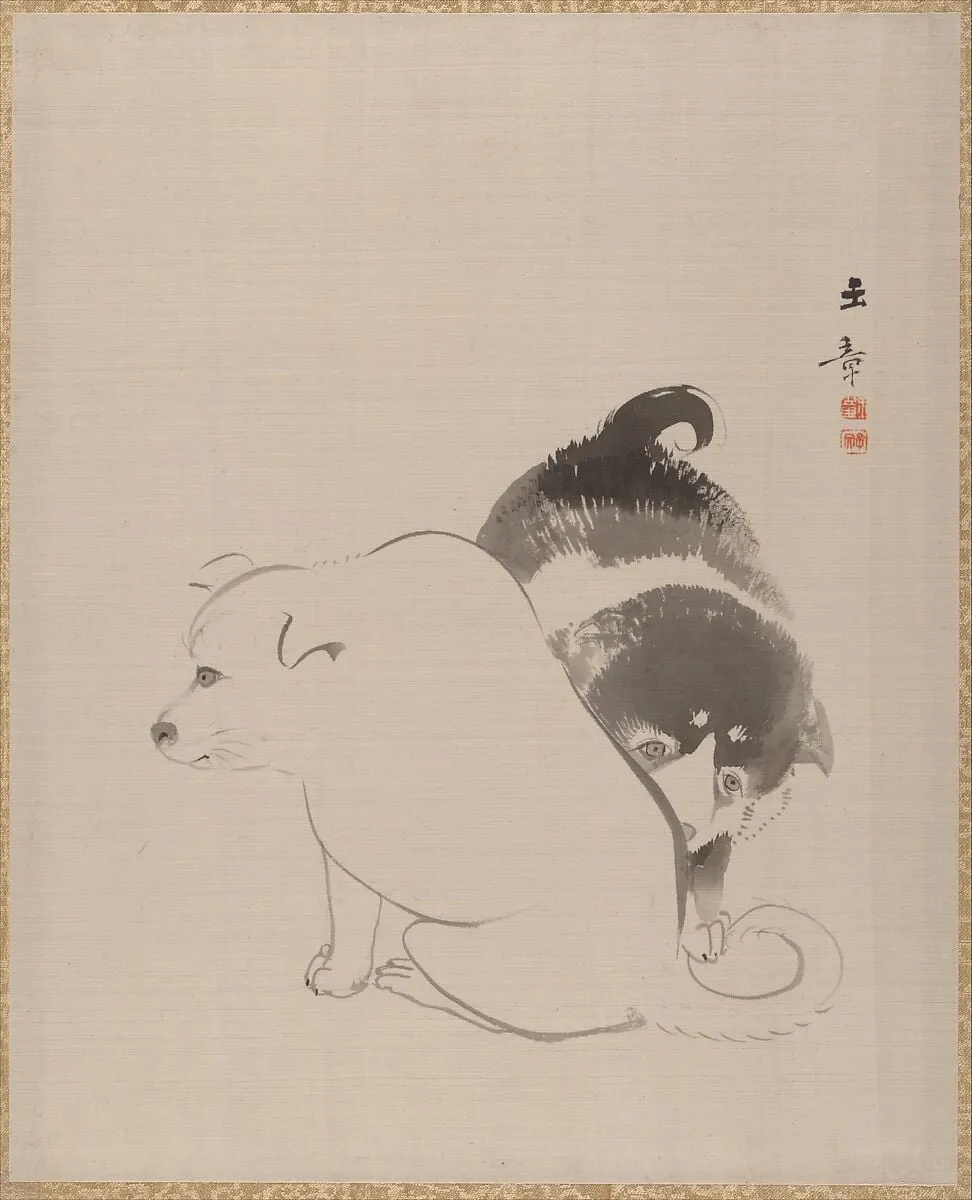 狗児図|A Pair of Puppies, by Kawabata Gyokushō, ink, 1890